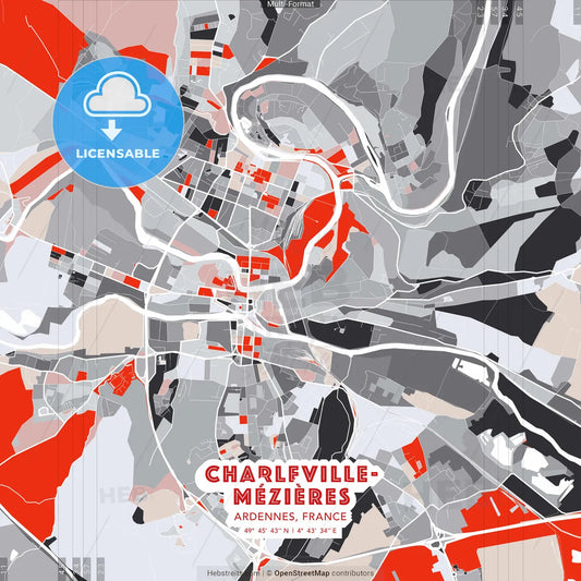 Charleville-Mézières, Ardennes, France - modern street map poster template with gray and red tones
