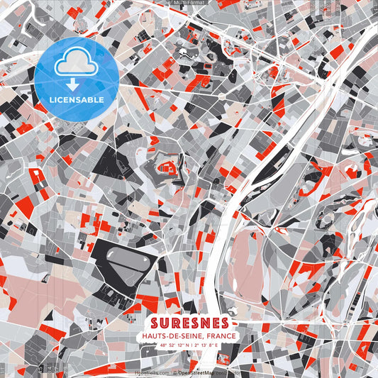 Suresnes, Hauts-de-Seine, France - modern street map poster template with gray and red tones