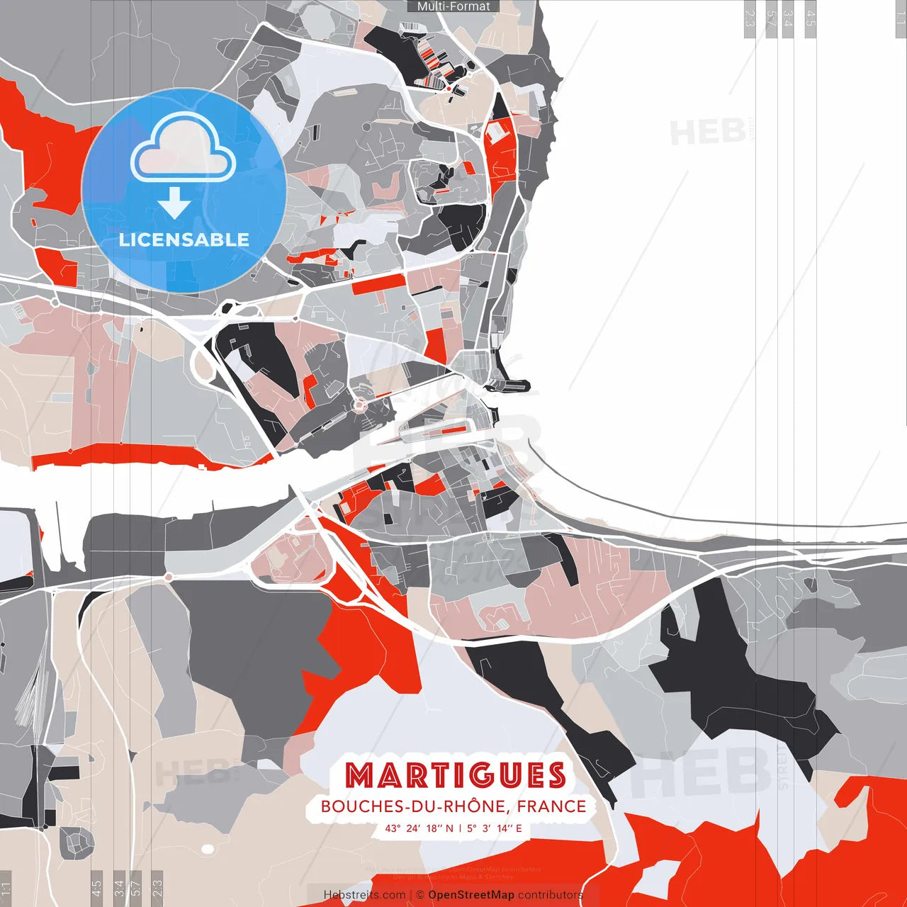 Martigues, Bouches-du-Rhône, France - modern street map poster template with gray and red tones