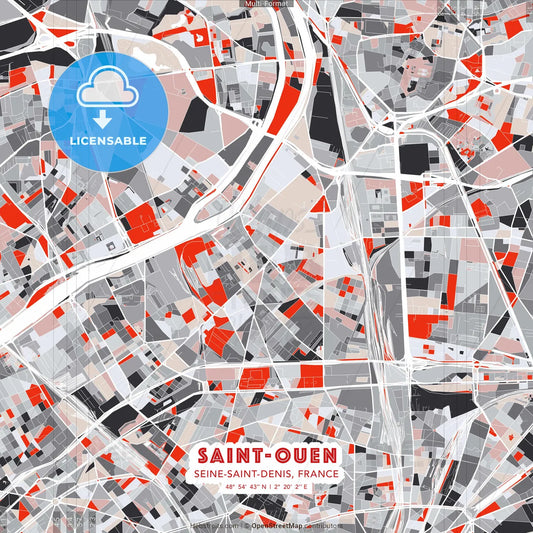Saint-Ouen, Seine-Saint-Denis, France - modern street map poster template with gray and red tones