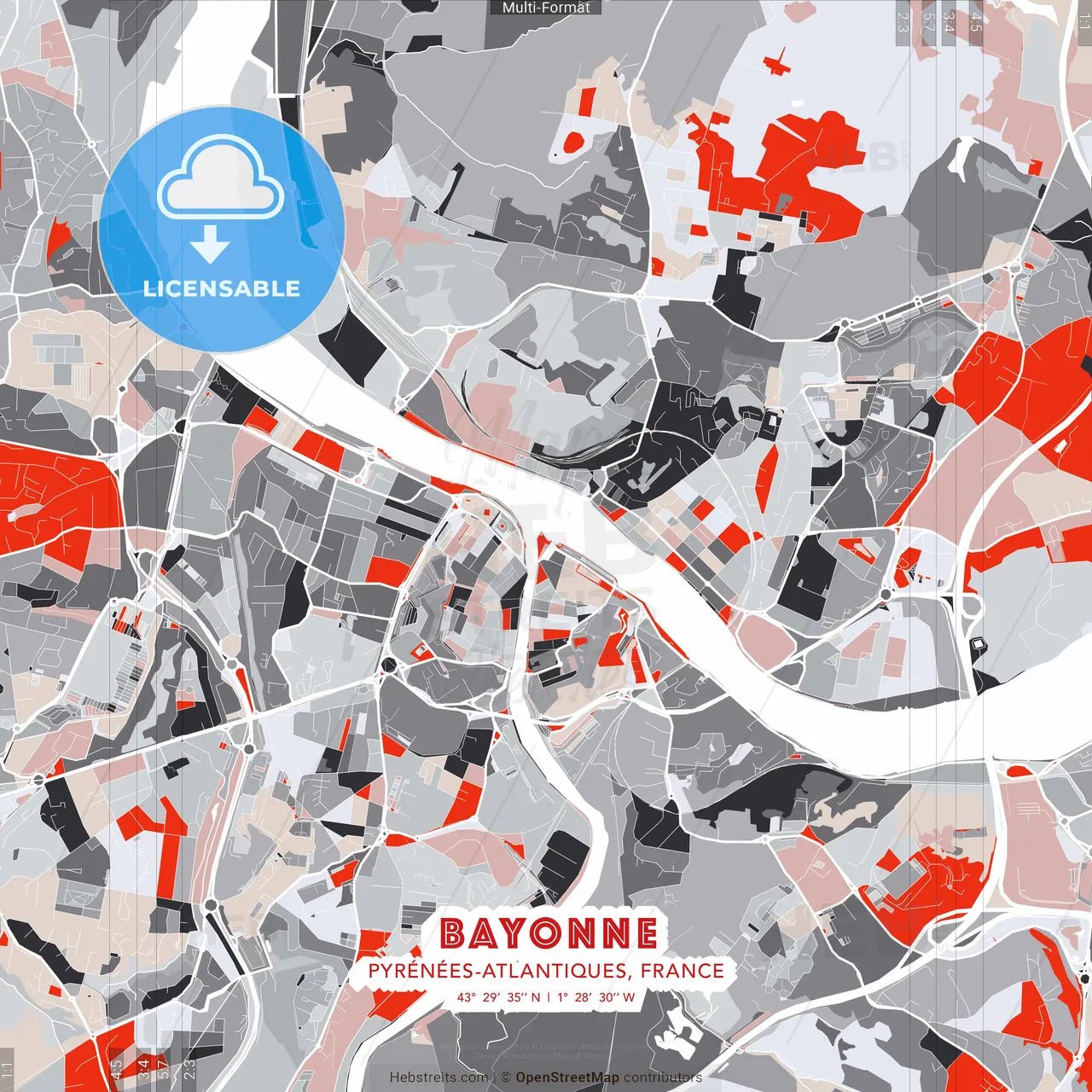 Bayonne, Pyrénées-Atlantiques, France - modern street map poster template with gray and red tones