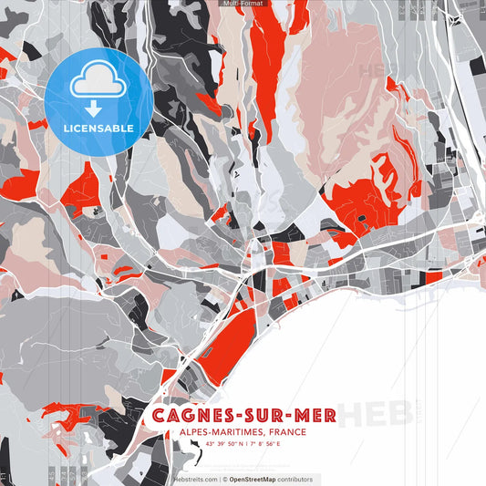 Cagnes-sur-Mer, Alpes-Maritimes, France - modern street map poster template with gray and red tones