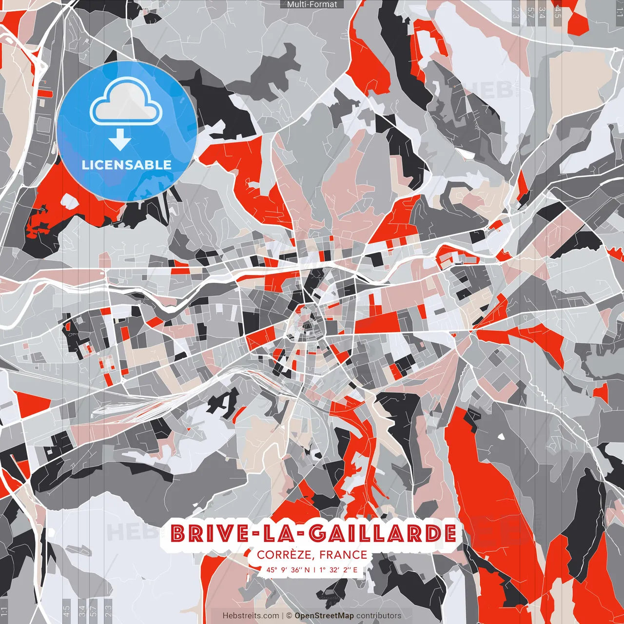 Brive-la-Gaillarde, Corrèze, France - modern street map poster template with gray and red tones