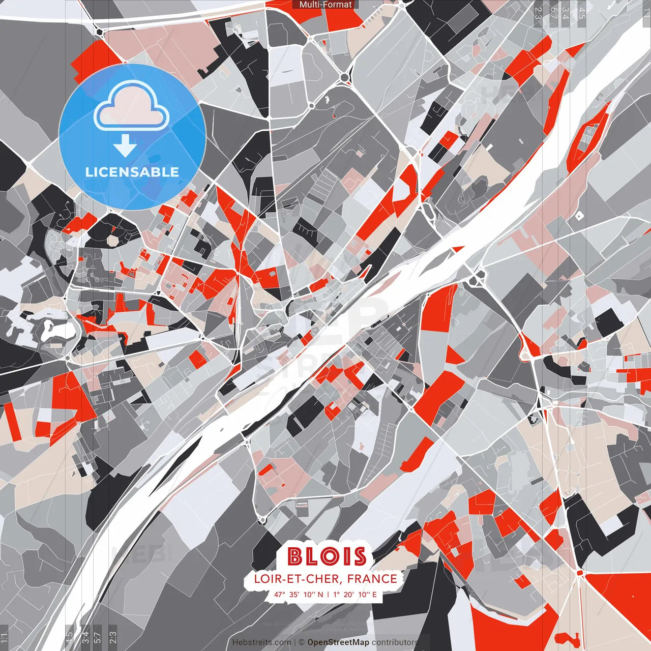 Blois, Loir-et-Cher, France - modern street map poster template with gray and red tones