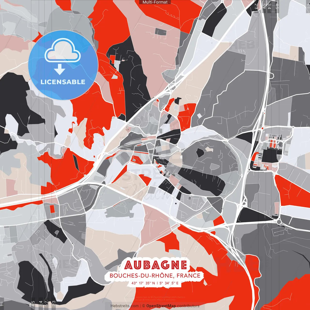 Aubagne, Bouches-du-Rhône, France - modern street map poster template with gray and red tones