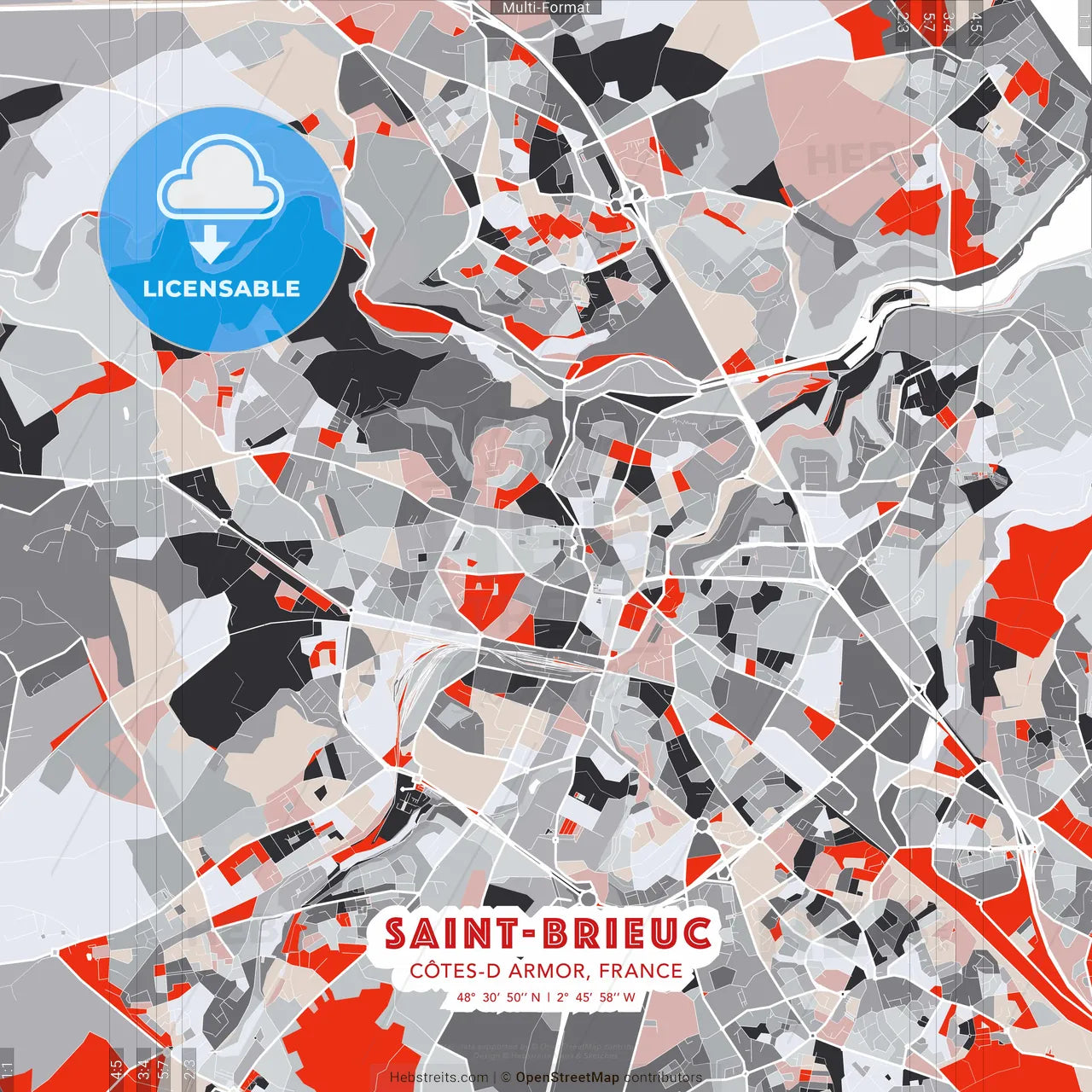 Saint-Brieuc, Côtes-d Armor, France - modern street map poster template with gray and red tones