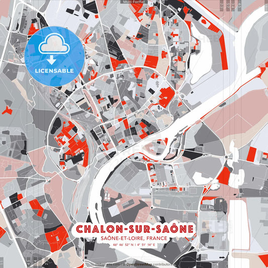 Chalon-sur-Saône, Saône-et-Loire, France - modern street map poster template with gray and red tones