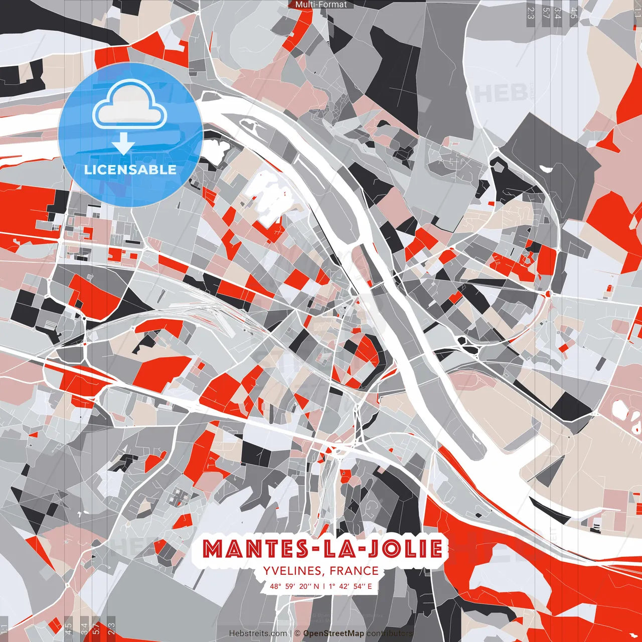 Mantes-la-Jolie, Yvelines, France - modern street map poster template with gray and red tones