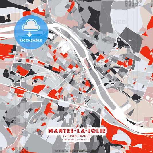 Mantes-la-Jolie, Yvelines, France - modern street map poster template with gray and red tones