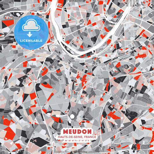 Meudon, Hauts-de-Seine, France - modern street map poster template with gray and red tones