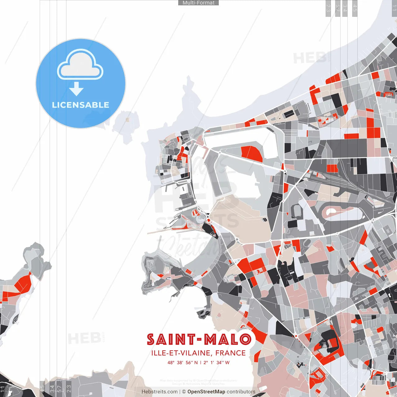 Saint-Malo, Ille-et-Vilaine, France - modern street map poster template with gray and red tones