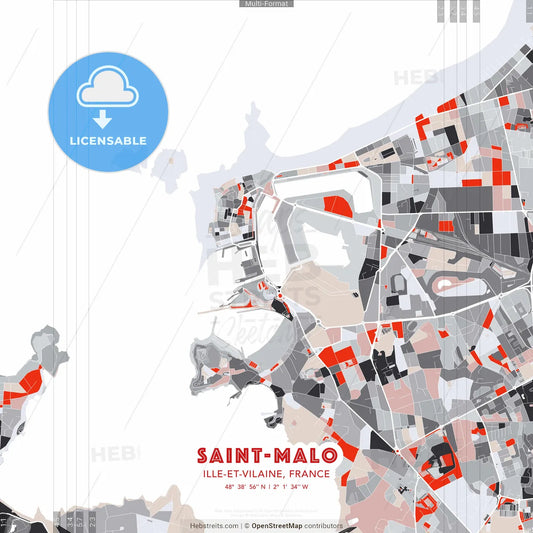 Saint-Malo, Ille-et-Vilaine, France - modern street map poster template with gray and red tones