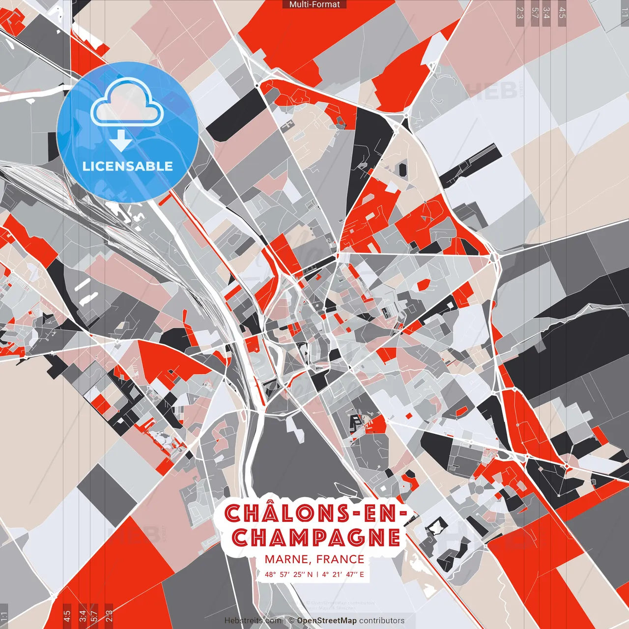 Châlons-en-Champagne, Marne, France - modern street map poster template with gray and red tones