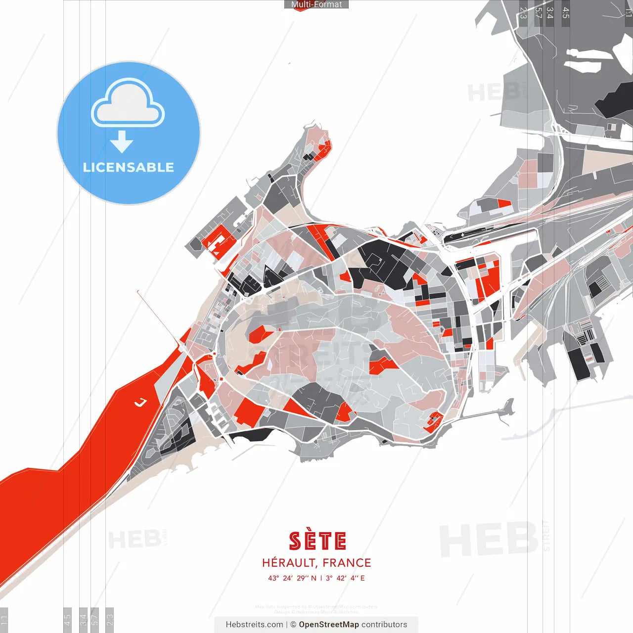 Sète, Hérault, France - modern street map poster template with gray and red tones