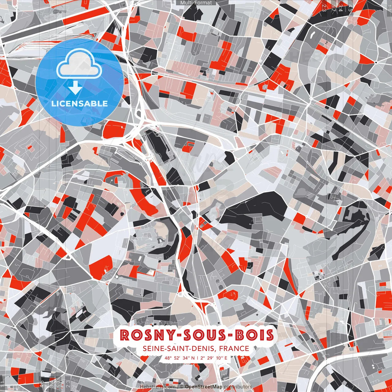 Rosny-sous-Bois, Seine-Saint-Denis, France - modern street map poster template with gray and red tones
