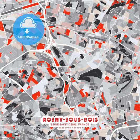 Rosny-sous-Bois, Seine-Saint-Denis, France - modern street map poster template with gray and red tones