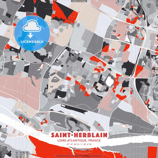Saint-Herblain, Loire-Atlantique, France - modern street map poster template with gray and red tones