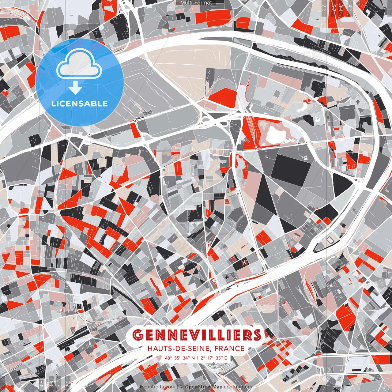 Gennevilliers, Hauts-de-Seine, France - modern street map poster template with gray and red tones