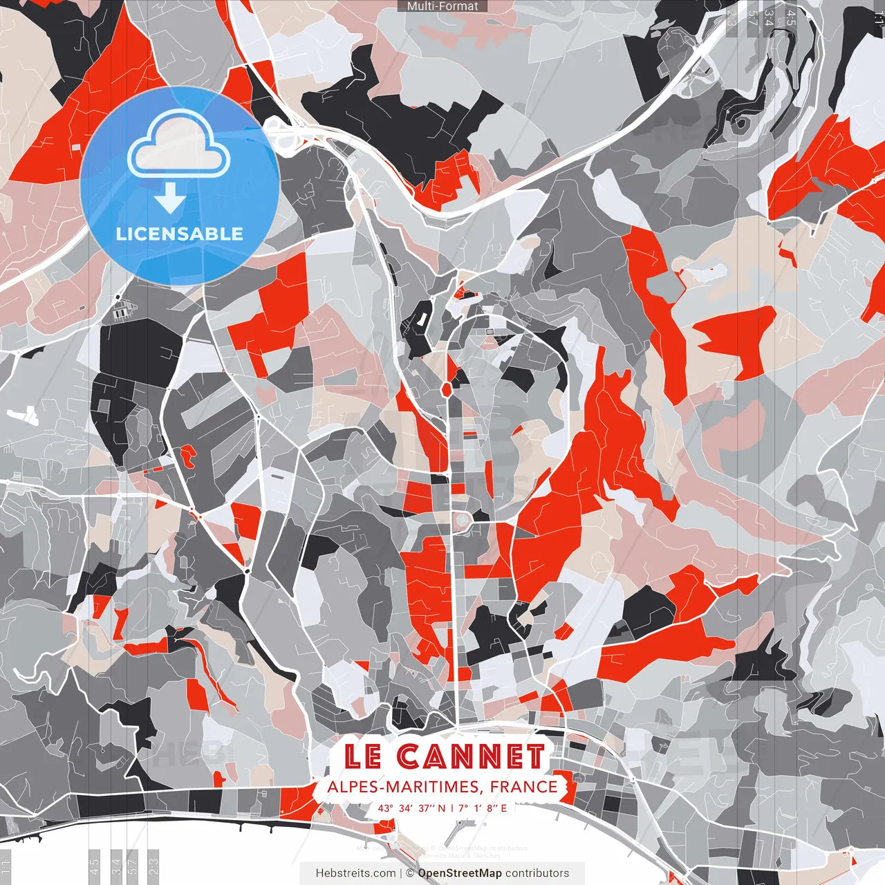 Le Cannet, Alpes-Maritimes, France - modern street map poster template with gray and red tones