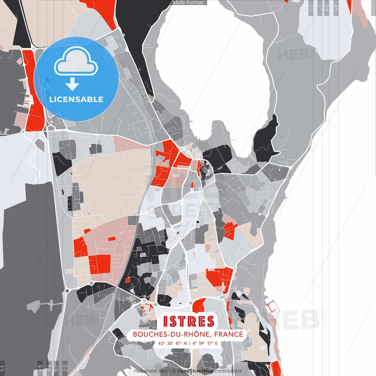Istres, Bouches-du-Rhône, France - modern street map poster template with gray and red tones