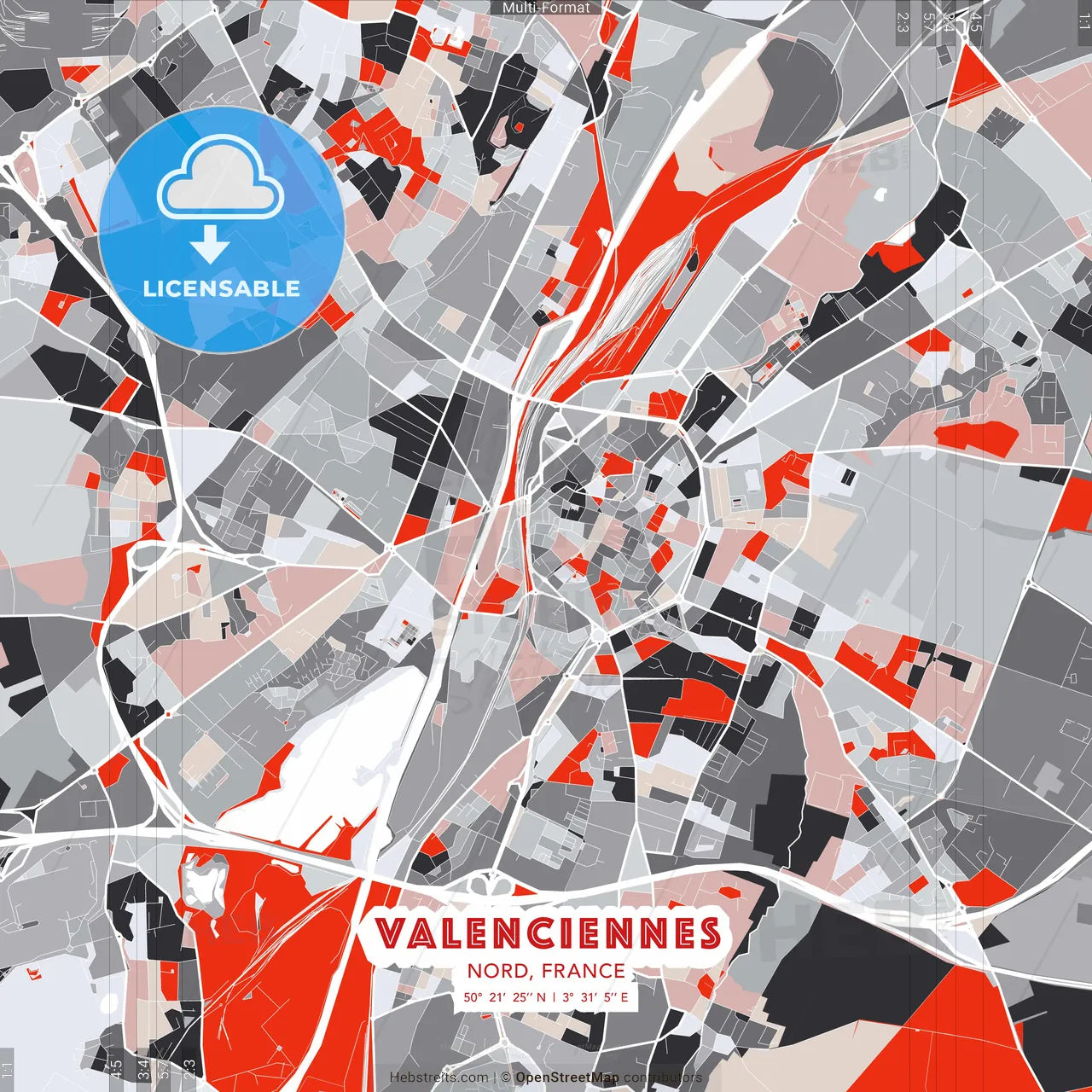 Valenciennes, Nord, France - modern street map poster template with gray and red tones