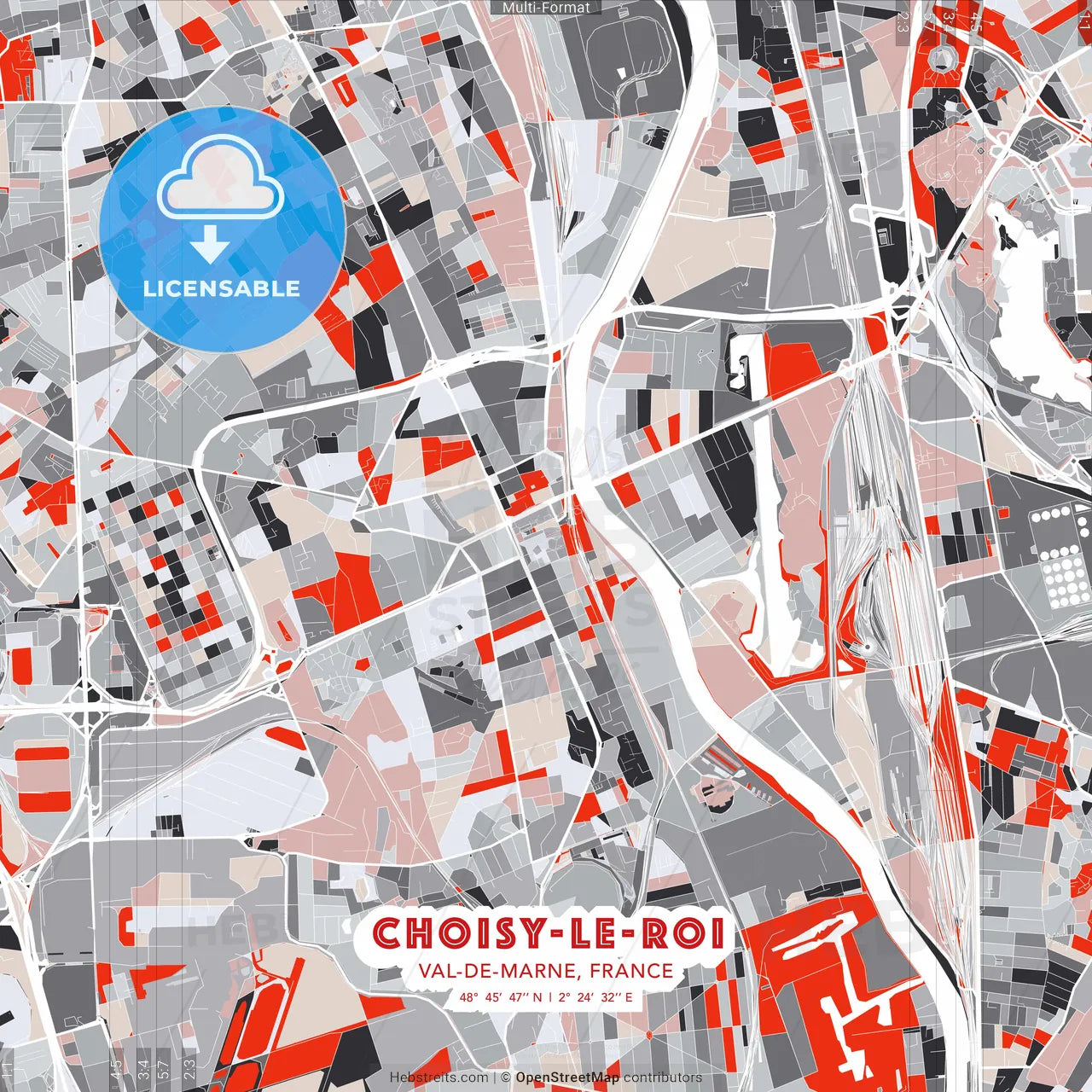 Choisy-le-Roi, Val-de-Marne, France - modern street map poster template with gray and red tones