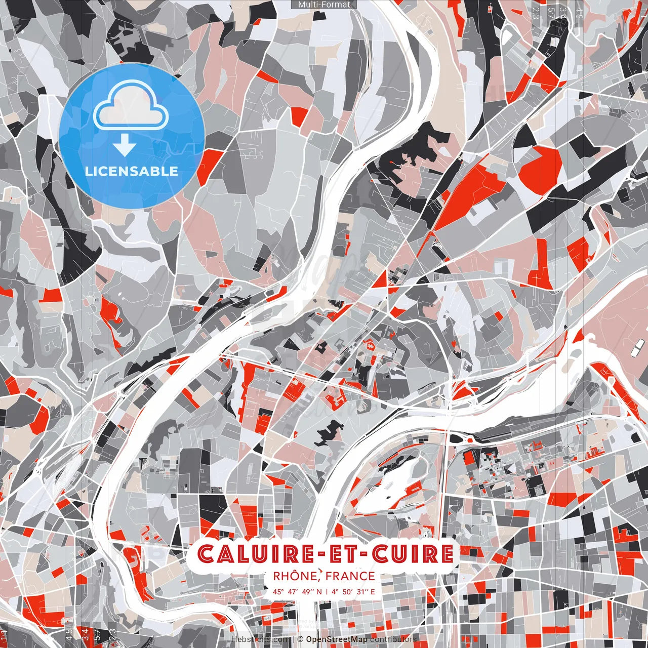 Caluire-et-Cuire, Rhône, France - modern street map poster template with gray and red tones