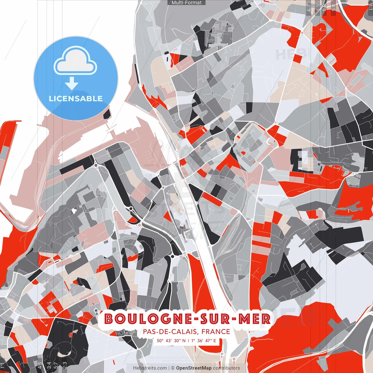 Boulogne-sur-Mer, Pas-de-Calais, France - modern street map poster template with gray and red tones
