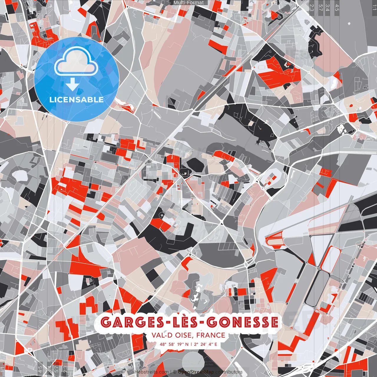 Garges-lès-Gonesse, Val-d Oise, France - modern street map poster template with gray and red tones