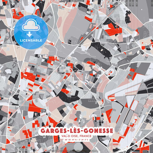 Garges-lès-Gonesse, Val-d Oise, France - modern street map poster template with gray and red tones