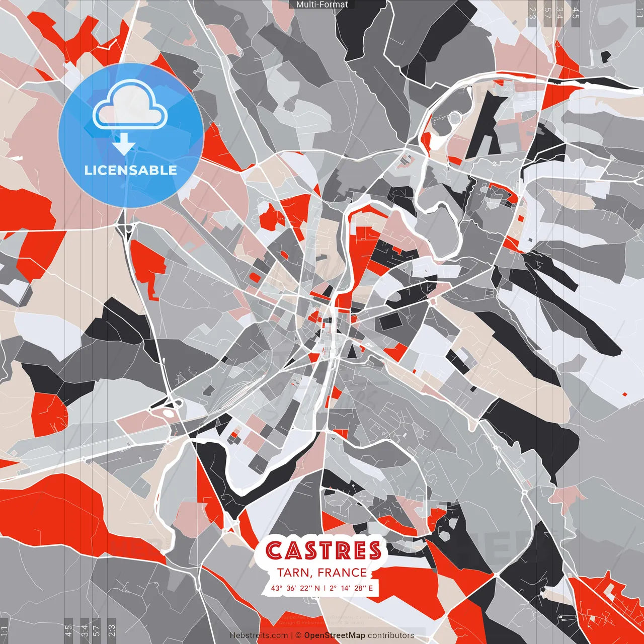 Castres, Tarn, France - modern street map poster template with gray and red tones