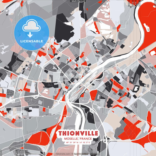 Thionville, Moselle, France - modern street map poster template with gray and red tones