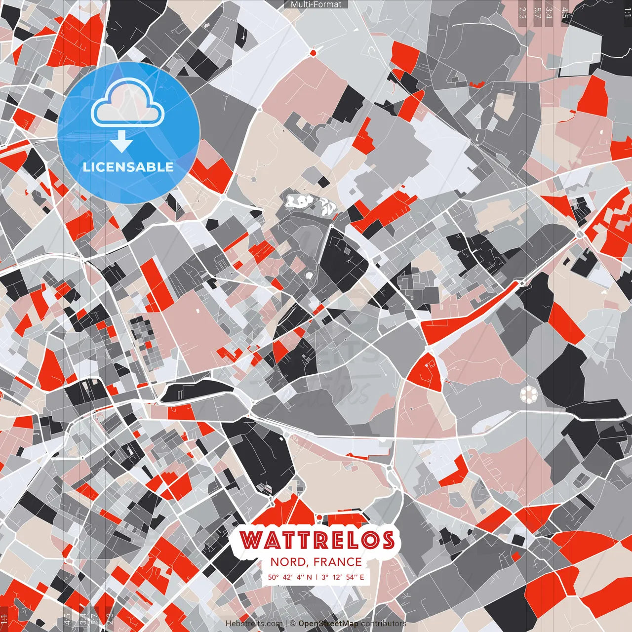 Wattrelos, Nord, France - modern street map poster template with gray and red tones