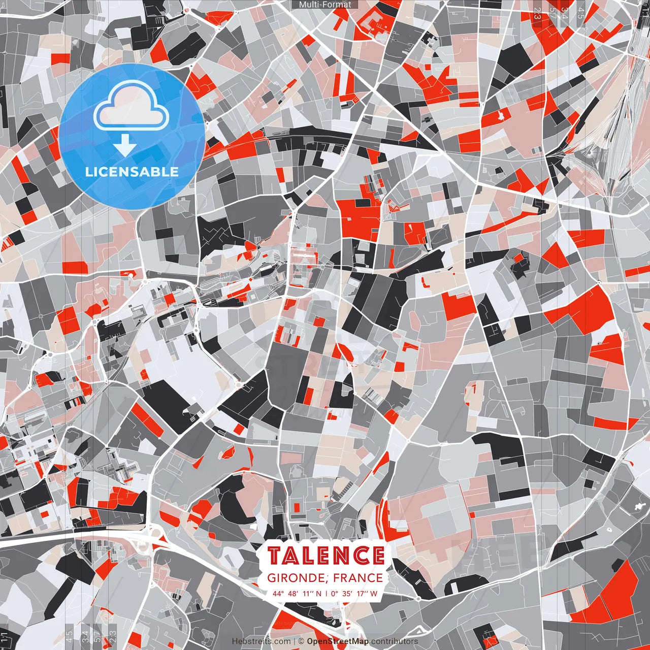 Talence, Gironde, France - modern street map poster template with gray and red tones