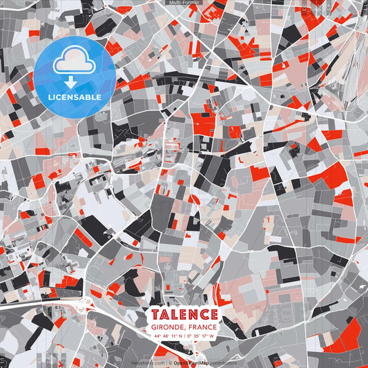 Talence, Gironde, France - modern street map poster template with gray and red tones