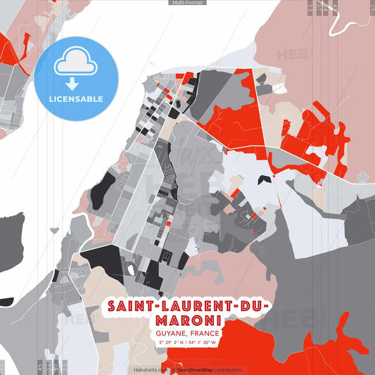 Saint-Laurent-du-Maroni, Guyane, France - modern street map poster template with gray and red tones