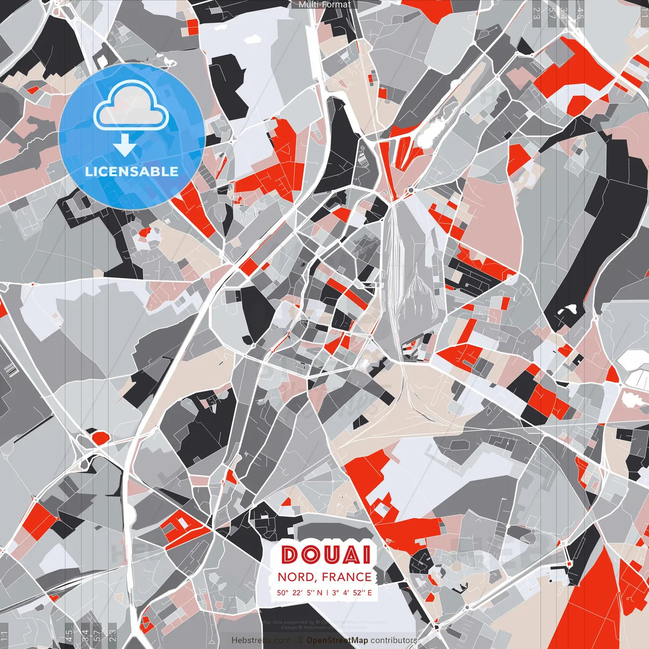 Douai, Nord, France - modern street map poster template with gray and red tones