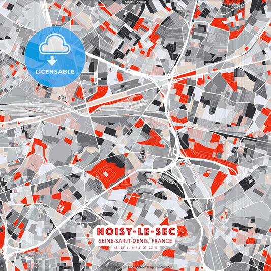 Noisy-le-Sec, Seine-Saint-Denis, France - modern street map poster template with gray and red tones