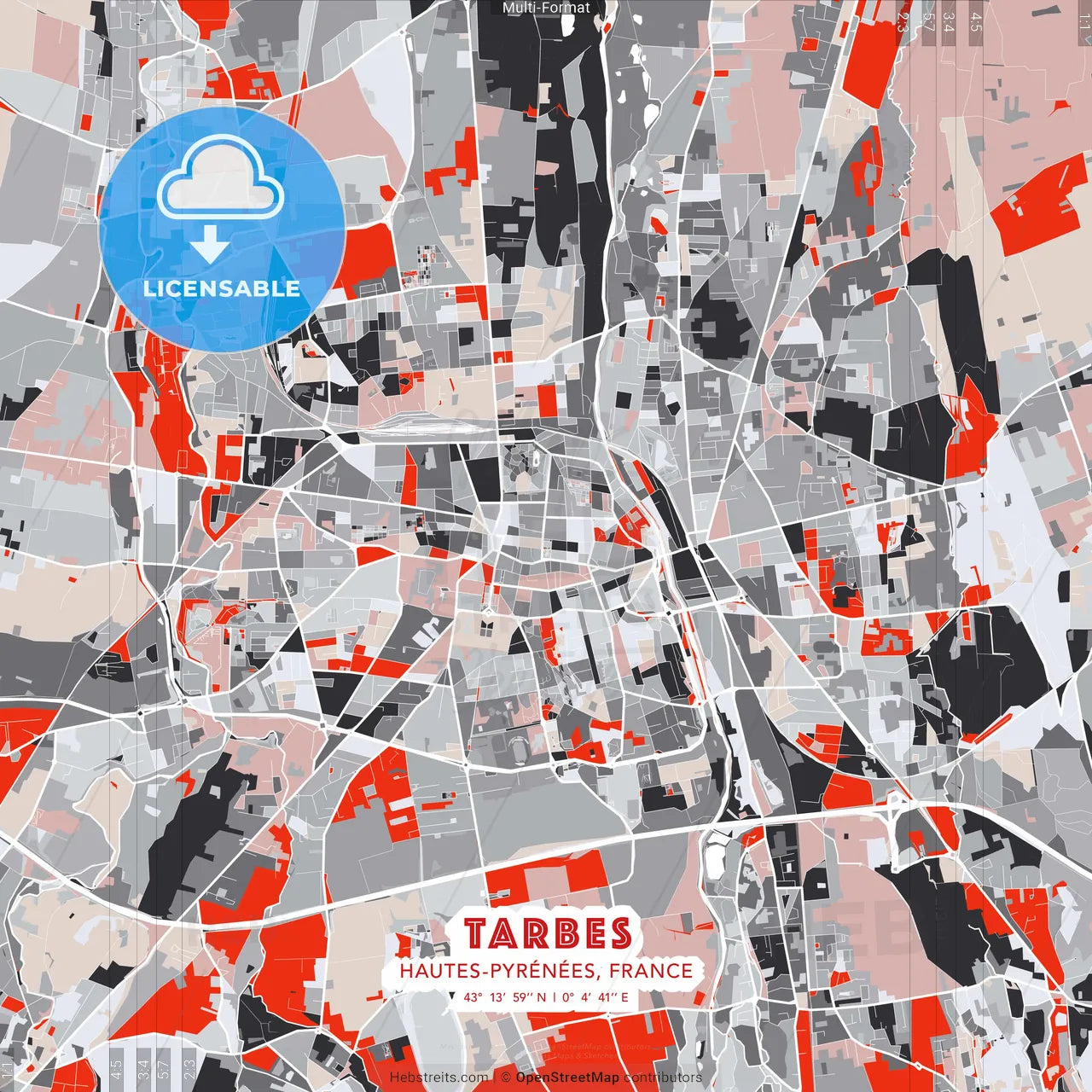 Tarbes, Hautes-Pyrénées, France - modern street map poster template with gray and red tones