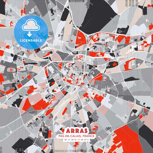 Arras, Pas-de-Calais, France - modern street map poster template with gray and red tones