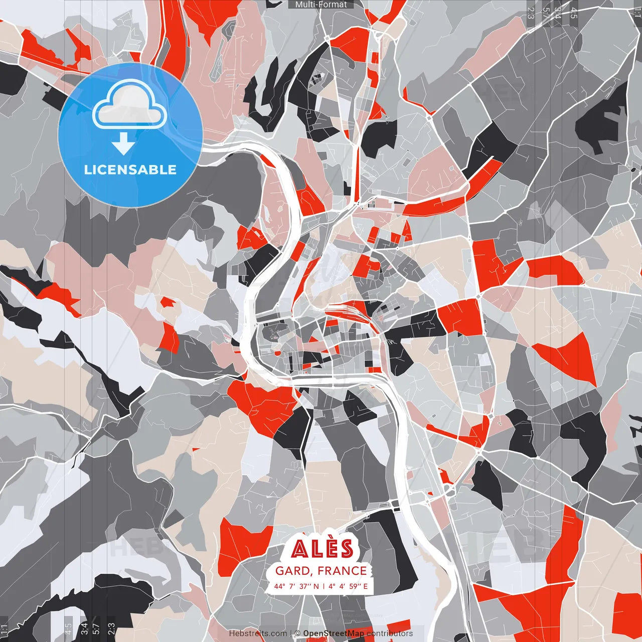 Alès, Gard, France - modern street map poster template with gray and red tones