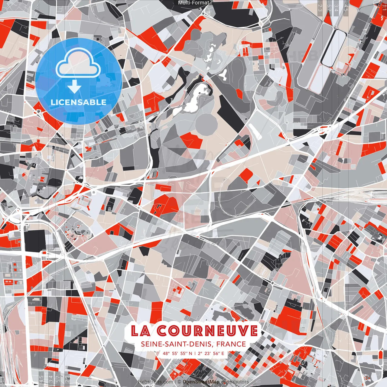 La Courneuve, Seine-Saint-Denis, France - modern street map poster template with gray and red tones