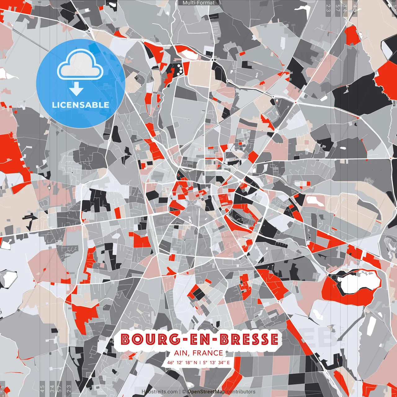Bourg-en-Bresse, Ain, France - modern street map poster template with gray and red tones