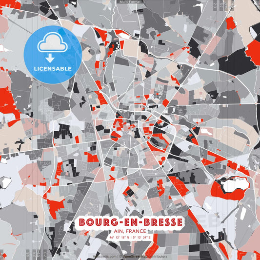 Bourg-en-Bresse, Ain, France - modern street map poster template with gray and red tones