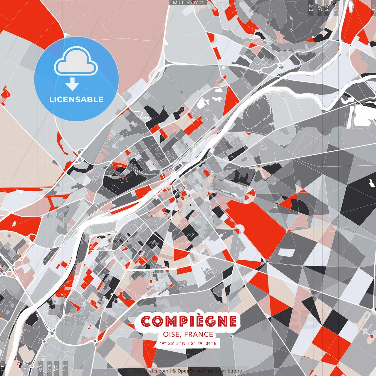 Compiègne, Oise, France - modern street map poster template with gray and red tones