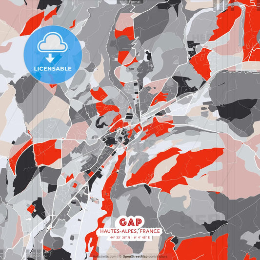 Gap, Hautes-Alpes, France - modern street map poster template with gray and red tones