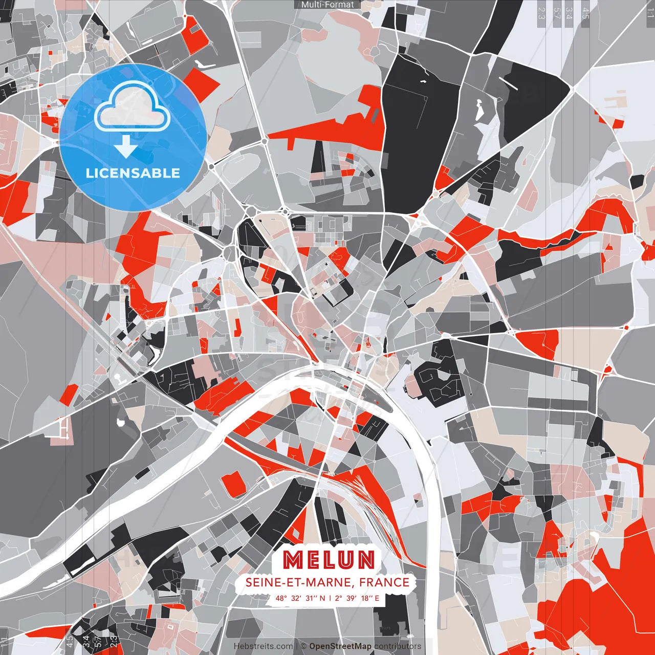 Melun, Seine-et-Marne, France - modern street map poster template with gray and red tones