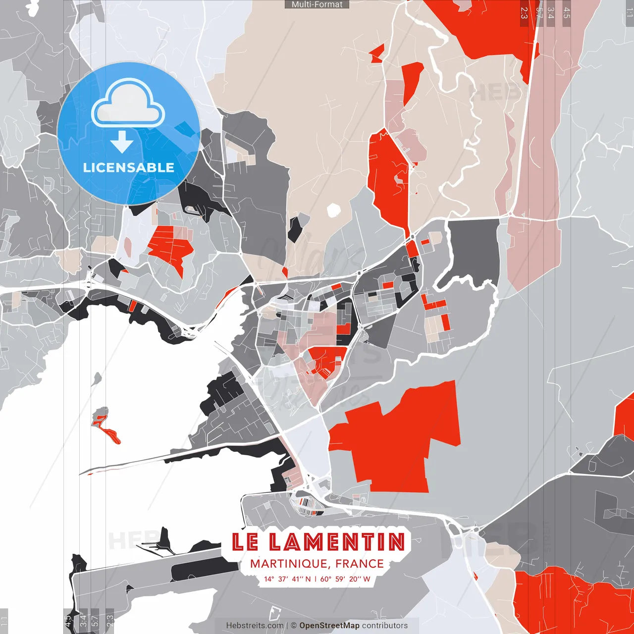 Le Lamentin, Martinique, France - modern street map poster template with gray and red tones