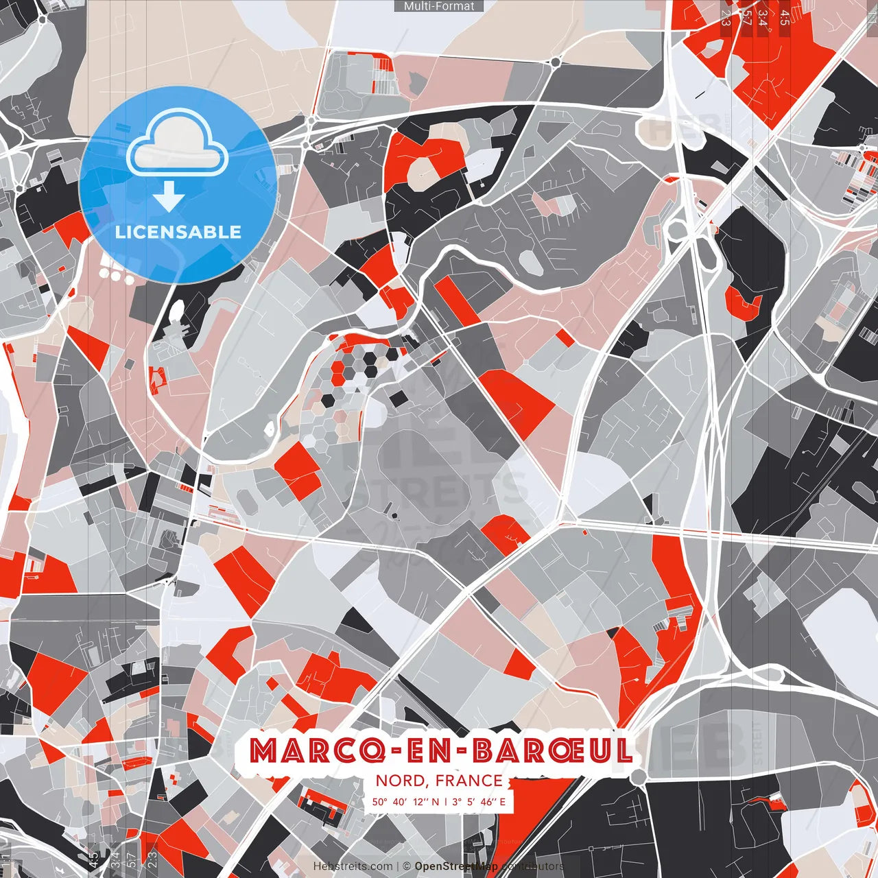 Marcq-en-Barœul, Nord, France - modern street map poster template with gray and red tones