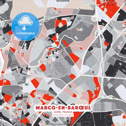 Marcq-en-Barœul, Nord, France - modern street map poster template with gray and red tones